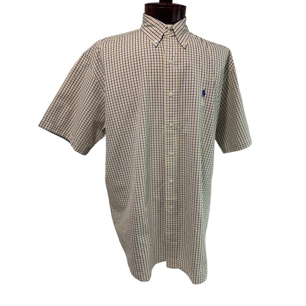 Large Ralph Lauren Mens Blake Button Down Shirt Short Sleeve Yellow Blue Plaid